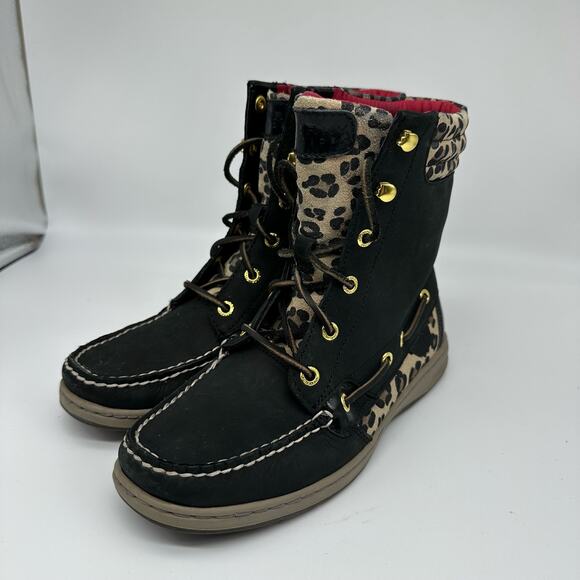 Sperry Hikerfish Leopard Print Black Leather High Top Boots Womens Size 7.5 - Picture 6 of 16